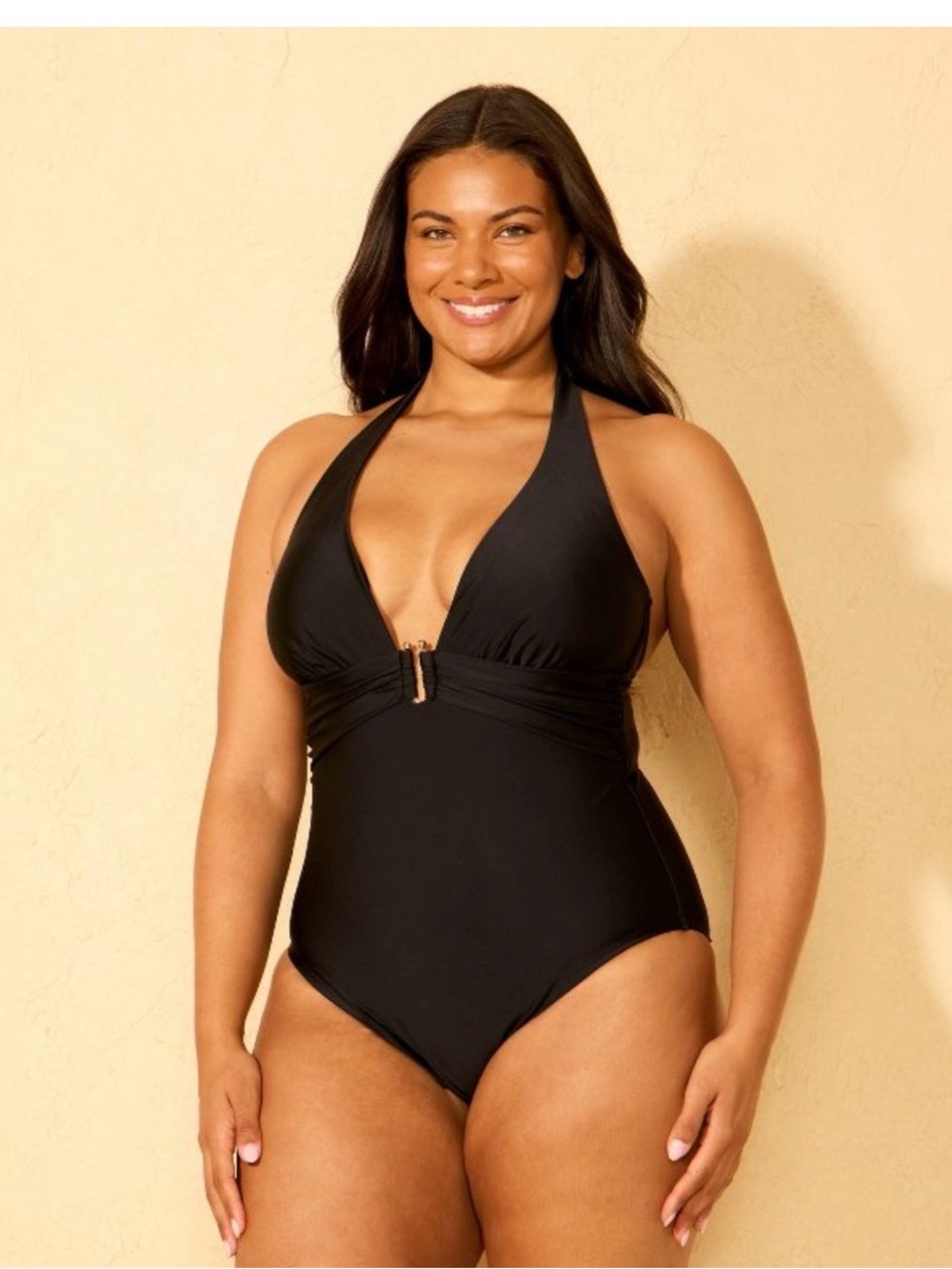 Shade & Shore Black Halter One-Piece Swimsuit with Front Accent